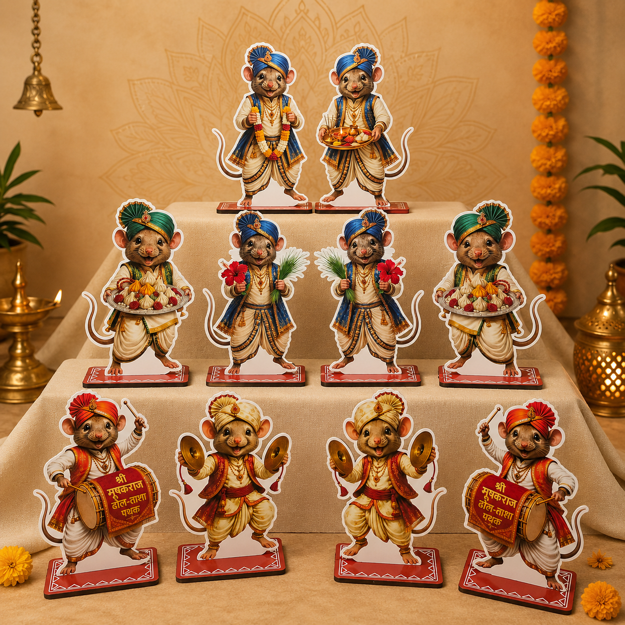 Mushak Set – Festive Ganpati Decoration Set with Mushakraj, Dhol-Tasha & Traditional Attire | Handcrafted Wooden Decor