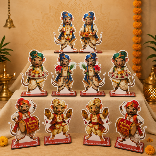 Mushak Set – Festive Ganpati Decoration Set with Mushakraj, Dhol-Tasha & Traditional Attire | Handcrafted Wooden Decor