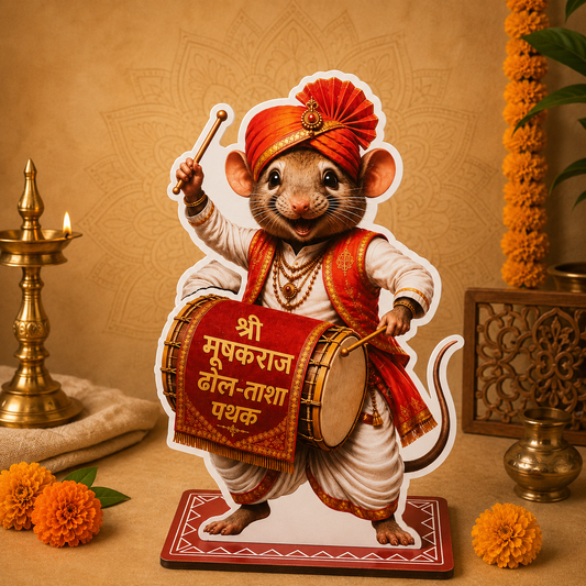Mushak Set – Festive Ganpati Decoration Set with Mushakraj, Dhol-Tasha & Traditional Attire | Handcrafted Wooden Decor
