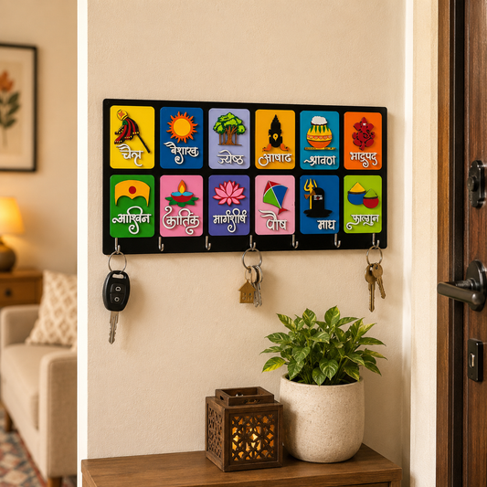 Handcrafted Marathi Calendar Key Holder | 12x6 Inch Traditional Marathi Months Decor