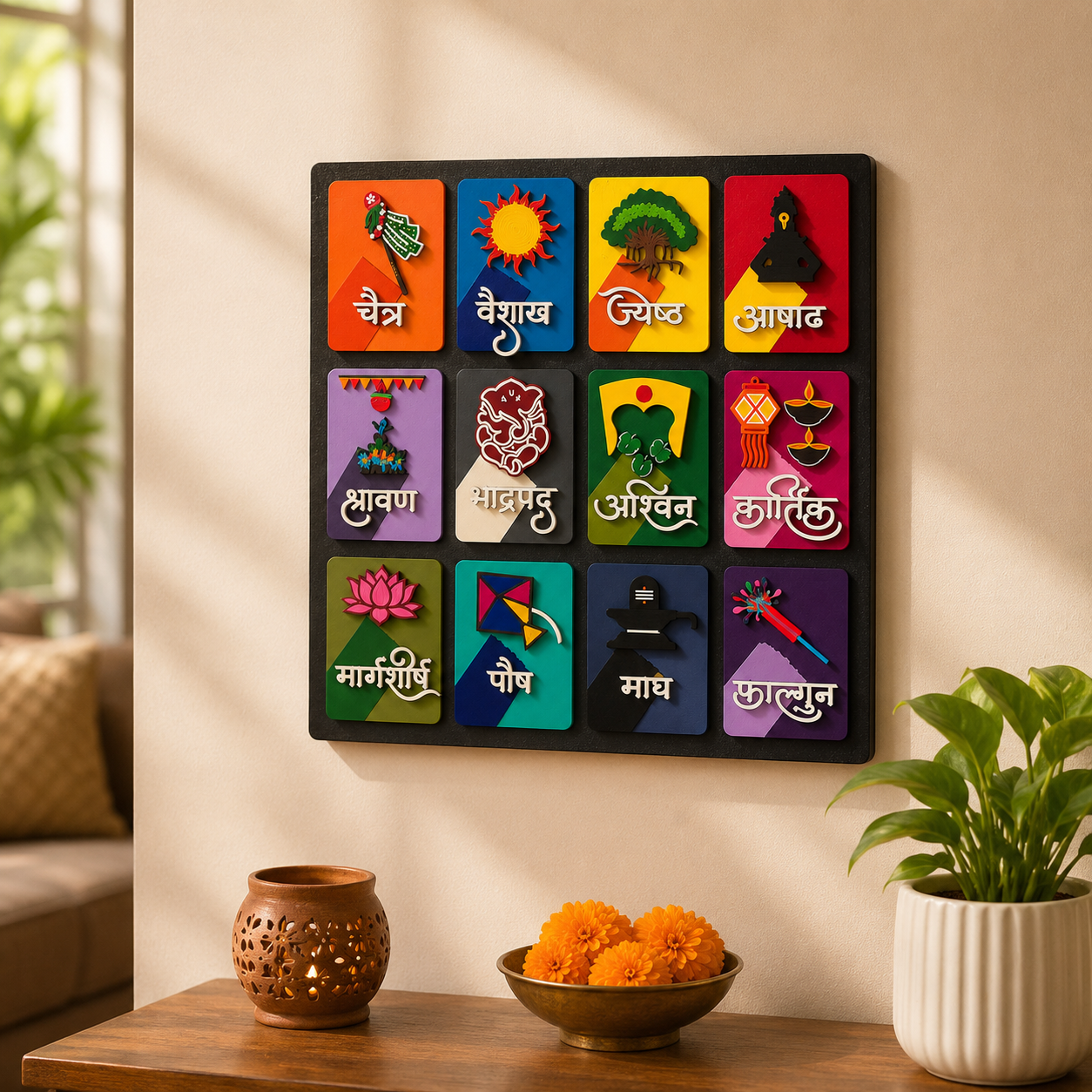 Handcrafted Marathi Calendar Wall Art | 24x24 Inch Traditional Marathi Months Decor
