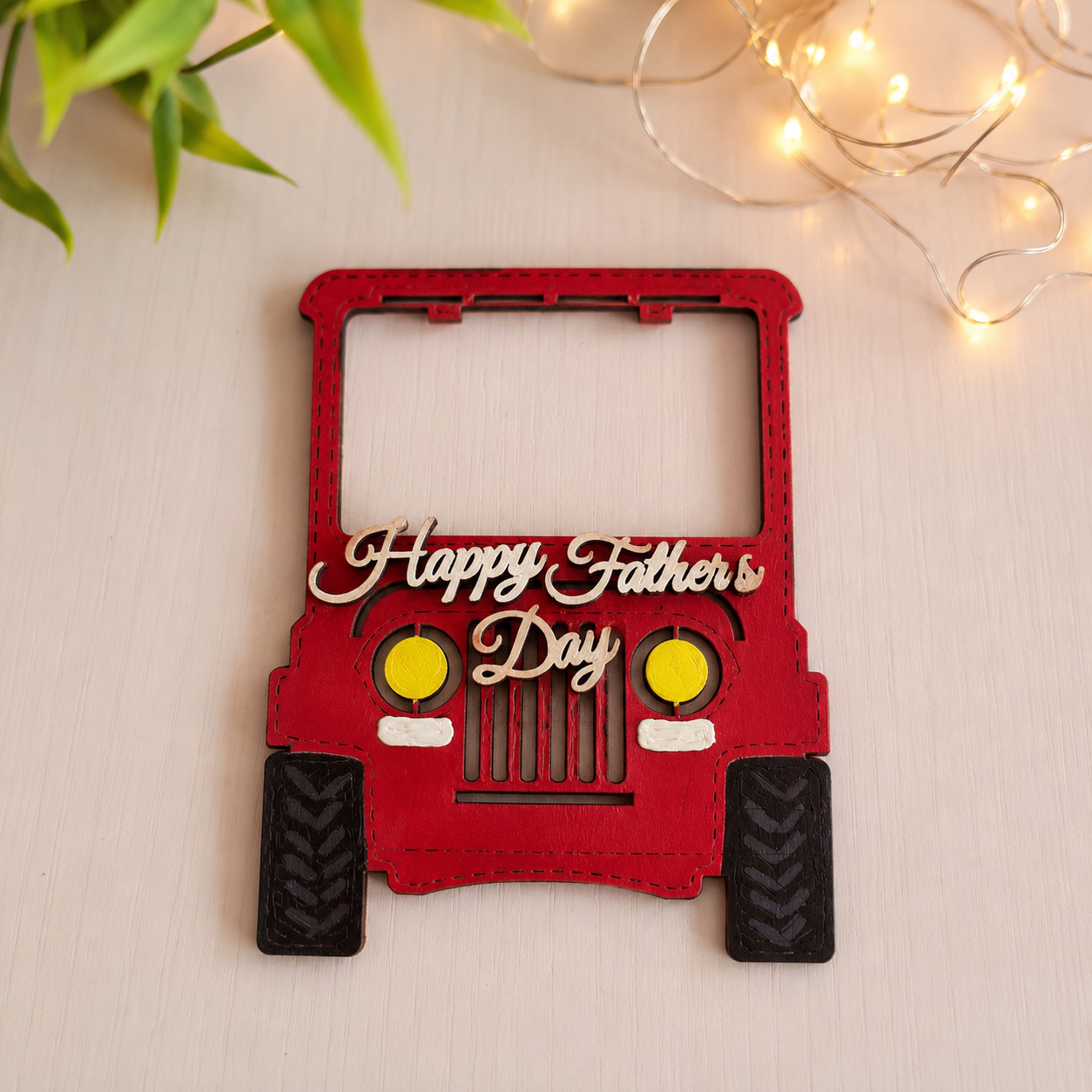 Personalized Father's Day Jeep Fridge Magnet with Photo | Handmade Wooden Refrigerator Magnet | Custom Dad & Son Photo Frame Magnet | Father's Day Gift for Dad
