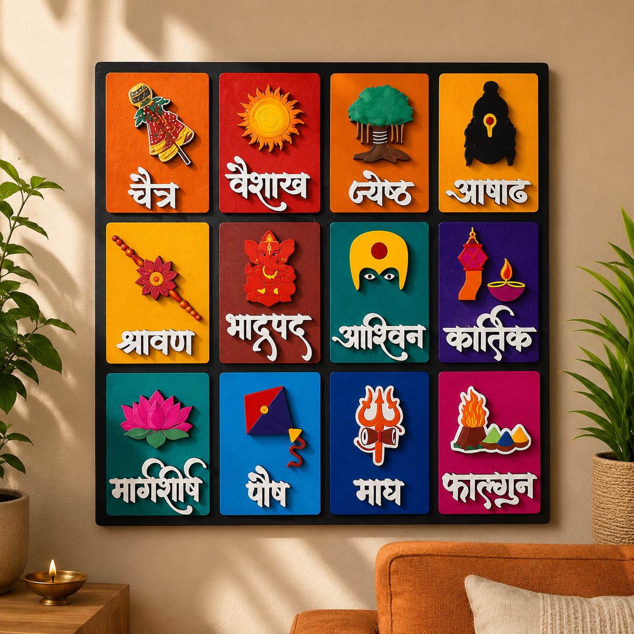 Handcrafted Marathi Calendar Wall Art | 10x10 Inch Traditional Marathi Months Decor