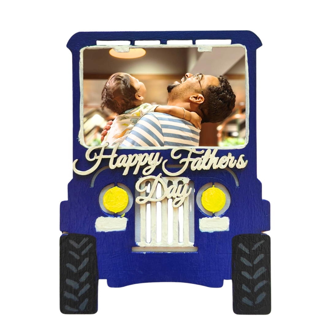 Personalized Father's Day Jeep Fridge Magnet with Photo | Handmade Wooden Refrigerator Magnet | Custom Dad & Son Photo Frame Magnet | Father's Day Gift for Dad