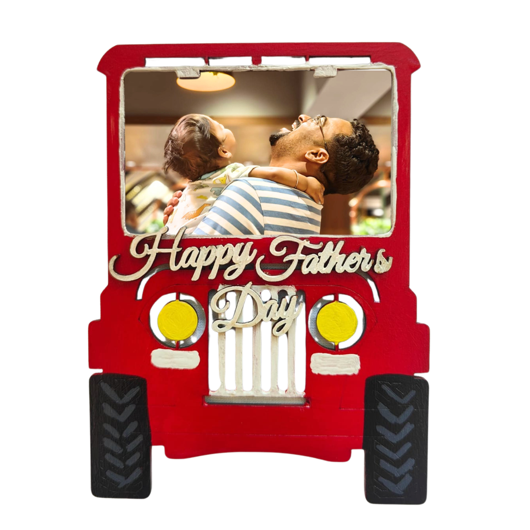 Personalized Father's Day Jeep Fridge Magnet with Photo | Handmade Wooden Refrigerator Magnet | Custom Dad & Son Photo Frame Magnet | Father's Day Gift for Dad
