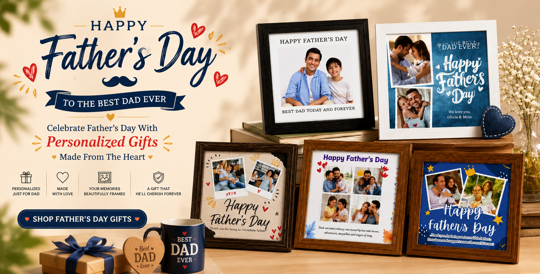 Collection of Father's Day photo frames and gifts on a wooden surface with a warm background.