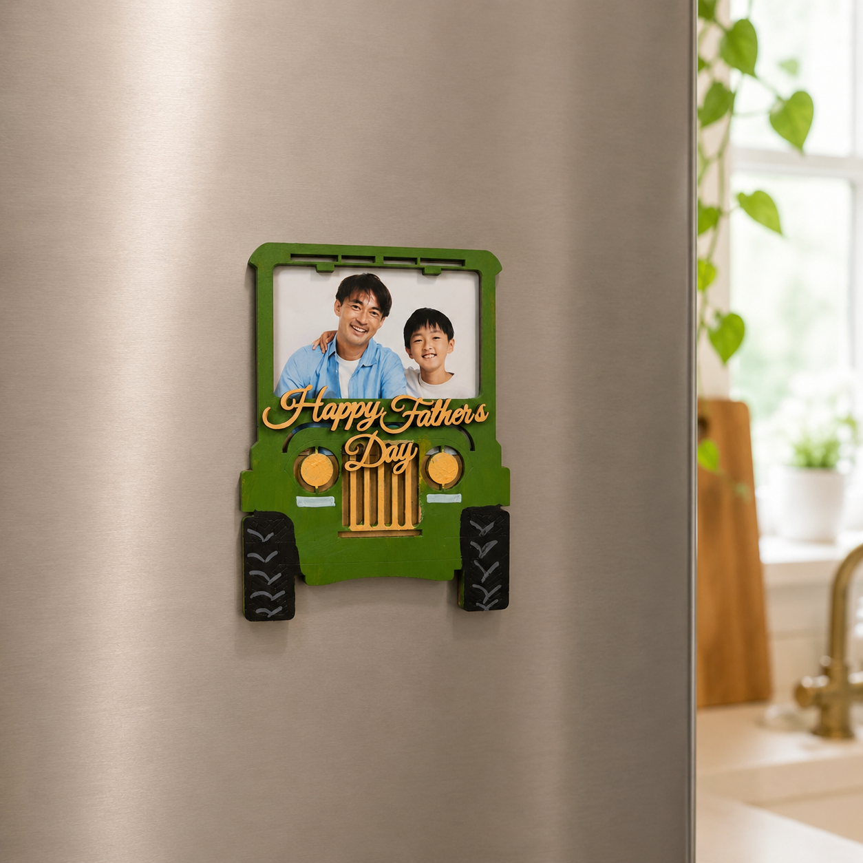 Personalized Father's Day Jeep Fridge Magnet with Photo | Handmade Wooden Refrigerator Magnet | Custom Dad & Son Photo Frame Magnet | Father's Day Gift for Dad