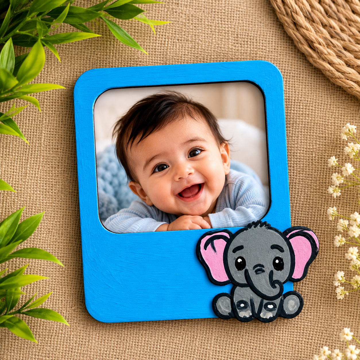 Baby & Elephant Photo Frame Fridge Magnet | Handmade Wooden Picture Magnet