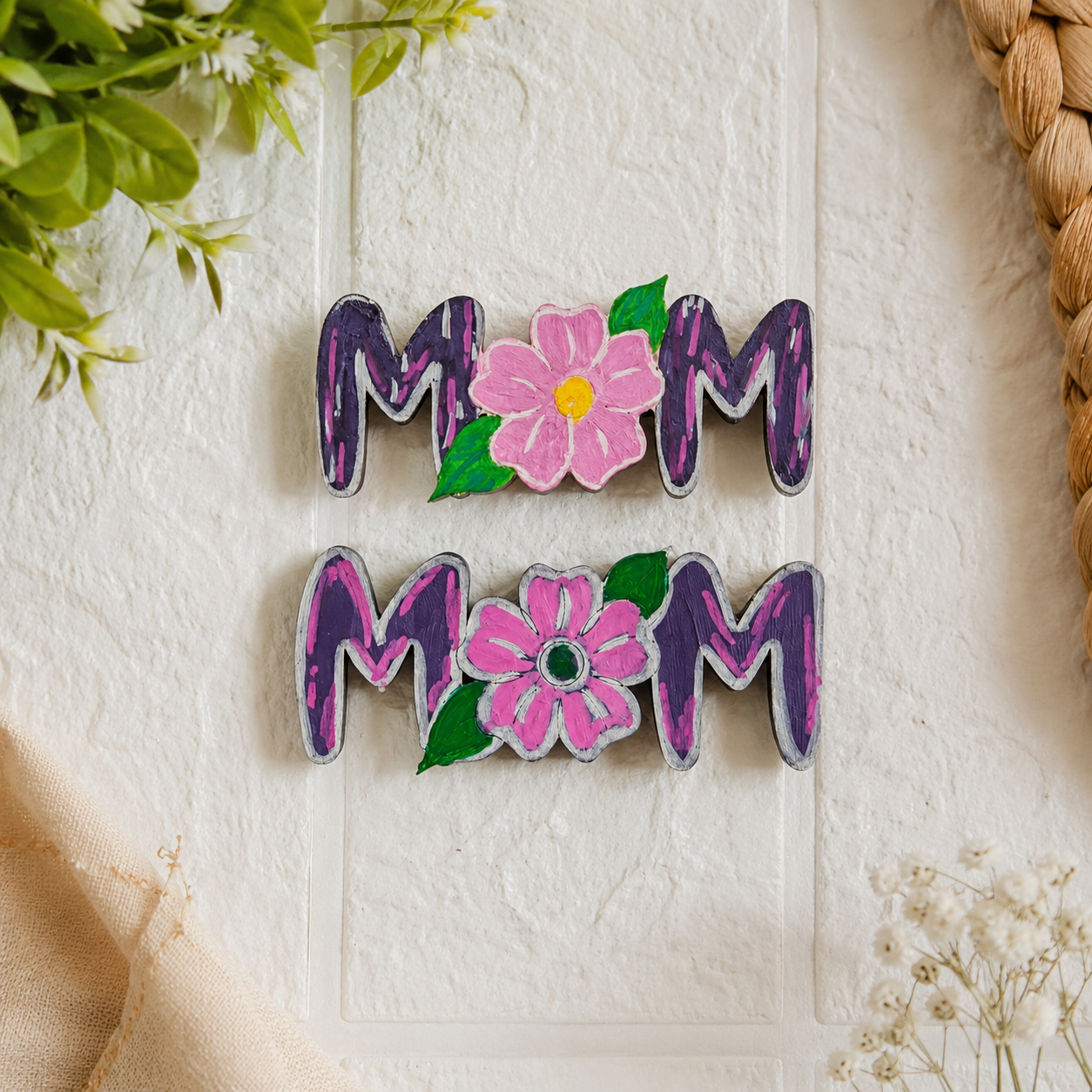 Handmade MOM Fridge Magnet Combo Set of 2 | Floral Wooden Refrigerator Magnets