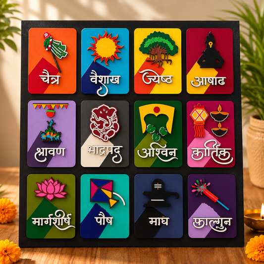 Handcrafted Marathi Calendar Wall Art | 12x12 Inch Traditional Marathi Months Decor