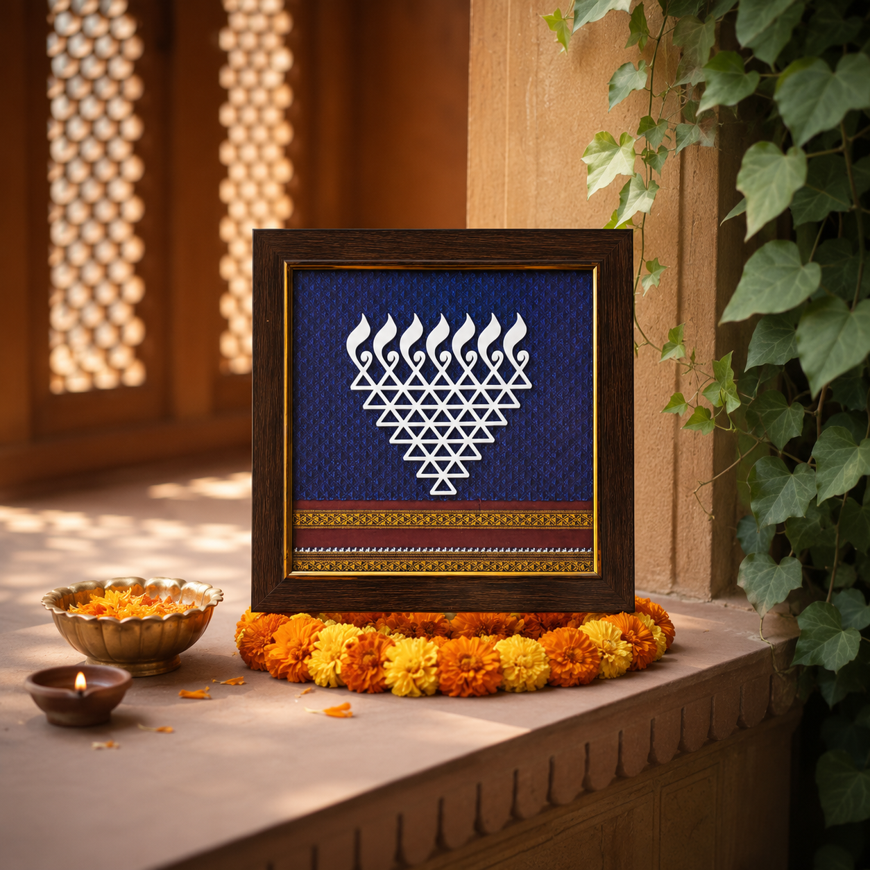 Framed decorative art piece with a geometric design on a table with flowers and a lamp.