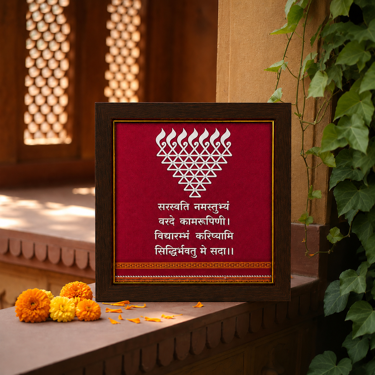 Framed decorative artwork with a red background and white design, placed on a surface with flowers and leaves.
